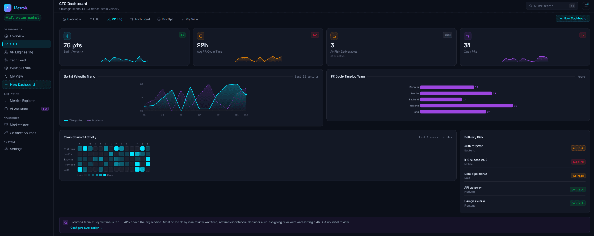 Metraly VP Engineering dashboard using synthetic data
